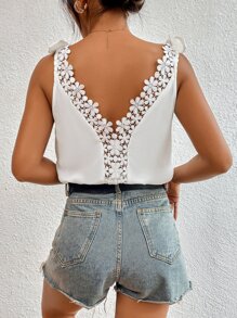 Knot Shoulder Contrast Guipure Lace Tank Top - White - View 1