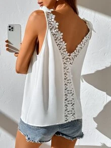 Knot Shoulder Contrast Guipure Lace Tank Top - White - View 6