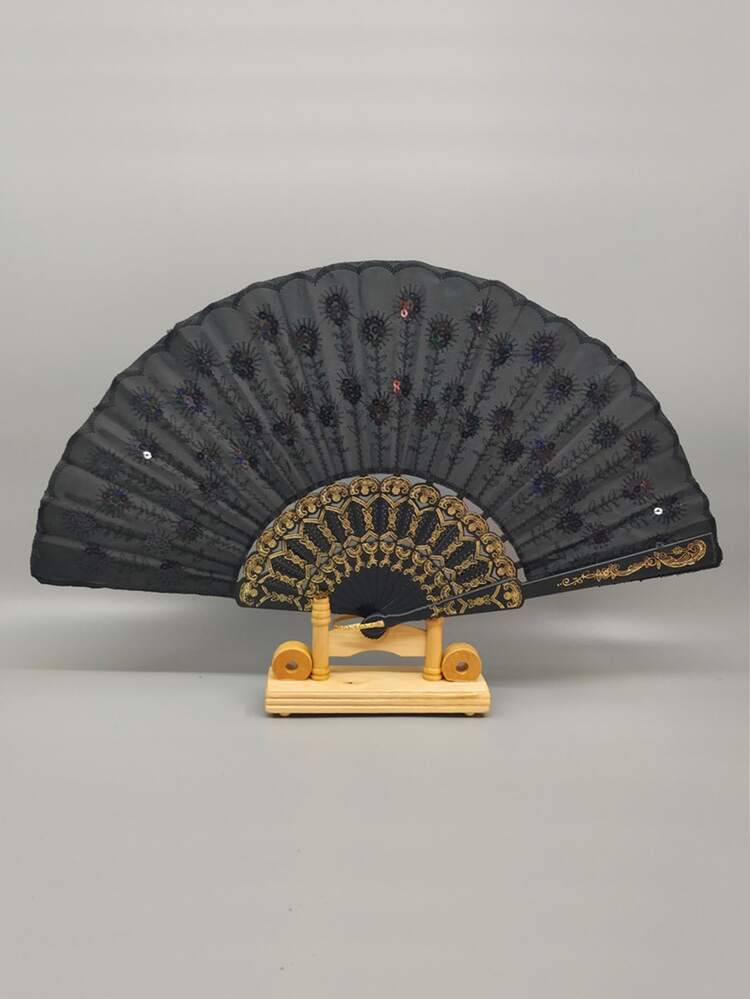 1入組亮片裝飾可折疊扇 - 黑色 - 查看 2