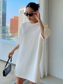 DAZY 素色落肩袖紋理質感連衣裙 - 白色 - 查看 3