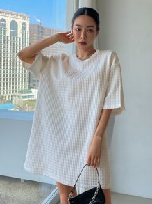 DAZY 素色落肩袖紋理質感連衣裙 - 白色 - 查看 4