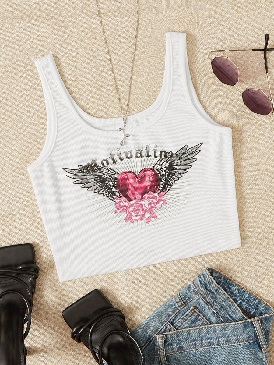 SHEIN EZwear Letter & Floral Print Crop Tank Top - White - View 1