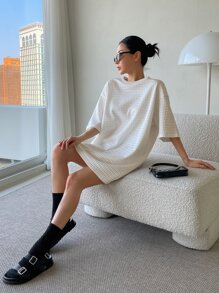 DAZY 素色落肩袖紋理質感連衣裙 - 白色 - 查看 5