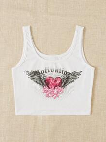 SHEIN EZwear Letter & Floral Print Crop Tank Top - White - View 3