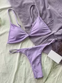 SHEIN Swim 極簡比基尼套裝三角形文胸和丁字褲下裝2入組泳衣 - 紫丁香色 - 查看 1