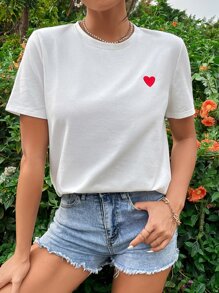 SHEIN Frenchy Women's Heart Embroidered Short Sleeve T-Shirt - White - View 3