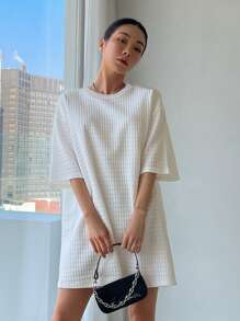 DAZY 素色落肩袖紋理質感連衣裙 - 白色 - 查看 6