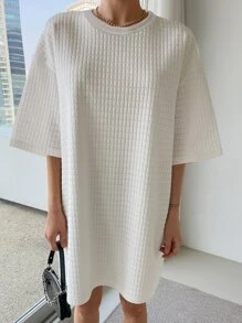 DAZY 素色落肩袖紋理質感連衣裙 - 白色 - 查看 7