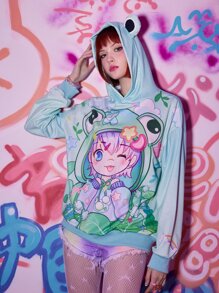 ROMWE Anime 卡通人物印花連帽衫 - 彩色 - 查看 2