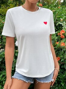 SHEIN Frenchy Women's Heart Embroidered Short Sleeve T-Shirt - White - View 4