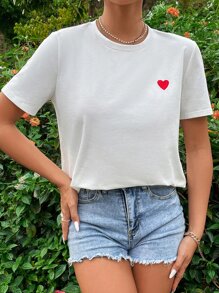 SHEIN Frenchy Women's Heart Embroidered Short Sleeve T-Shirt - White - View 5