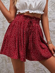 SHEIN Frenchy 波卡圓點紙袋型腰前打結短褲 - 酒紅色 - 查看 2