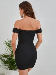 SHEIN BAE Off Shoulder Sequin Bodycon Dress - Black - View 3
