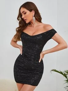 SHEIN BAE Off Shoulder Sequin Bodycon Dress - Black - View 4