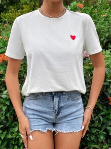 SHEIN Frenchy Women's Heart Embroidered Short Sleeve T-Shirt - White - View 8