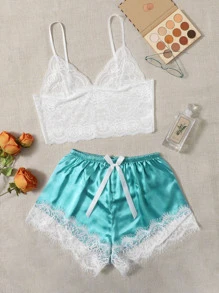 提花蕾絲貝殼邊貼身吊帶背心和緞面短褲睡衣套裝