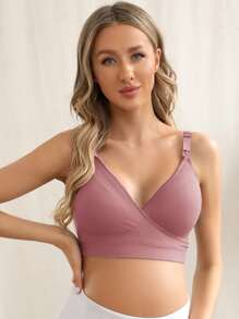 SHEIN Maternity Plain Surplice Neck Nursing Bra - Pink - View 1