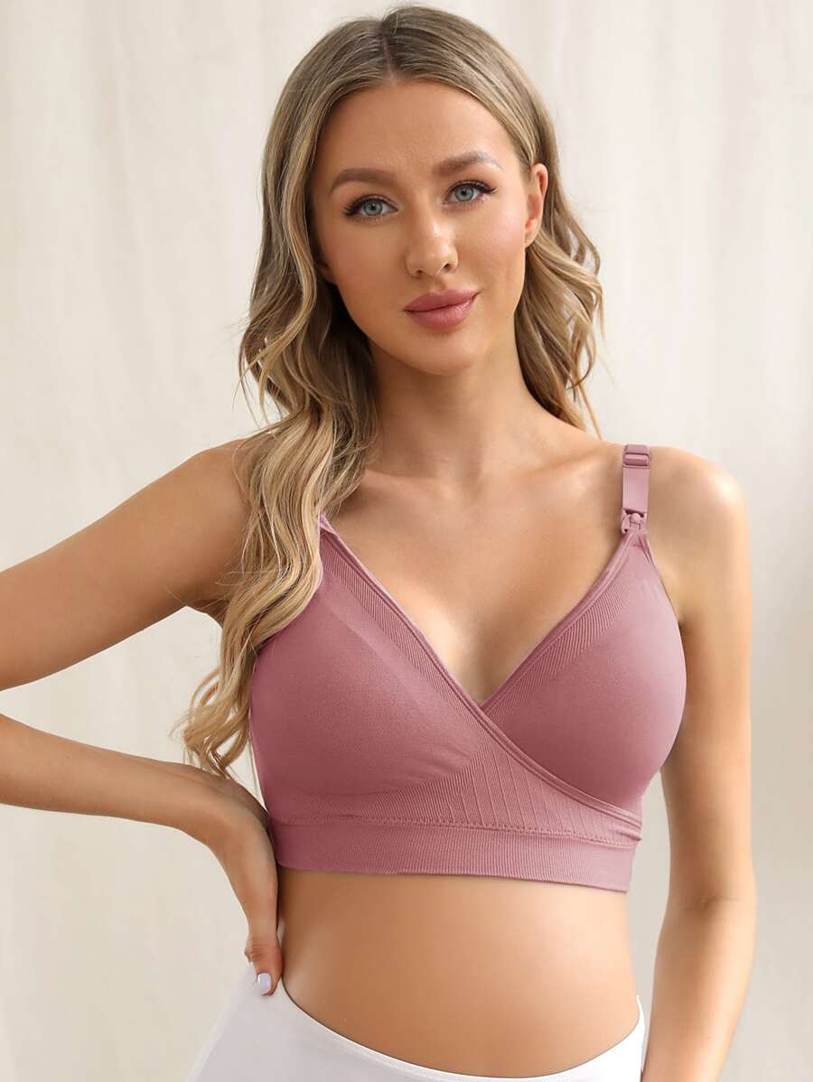 SHEIN Maternity Plain Surplice Neck Nursing Bra - Pink - View 1