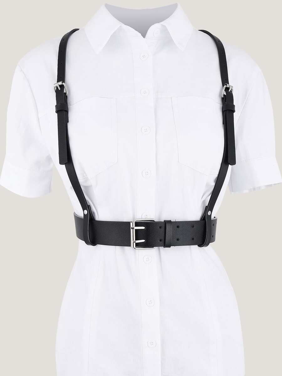 1入組女士矩形扣飾時尚背帶式腰帶日常裝飾 - 黑色 - 查看 1
