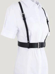 1入組女士矩形扣飾時尚背帶式腰帶日常裝飾 - 黑色 - 查看 3