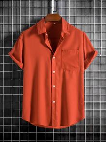 Manfinity Homme 男士口袋貼布襯衫寬鬆短袖扣領純色復古襯衫