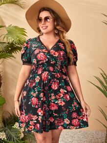 SHEIN Unity 大碼印花打褶蕾絲邊洋裝 - 彩色 - 查看 1