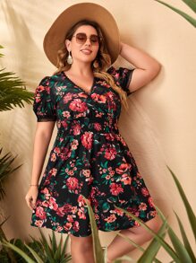 SHEIN Unity 大碼印花打褶蕾絲邊洋裝 - 彩色 - 查看 5