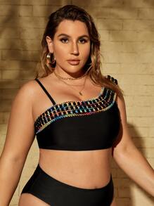 SHEIN Swim Curve Top bikini ribete con puntada - Negro - Ver 3