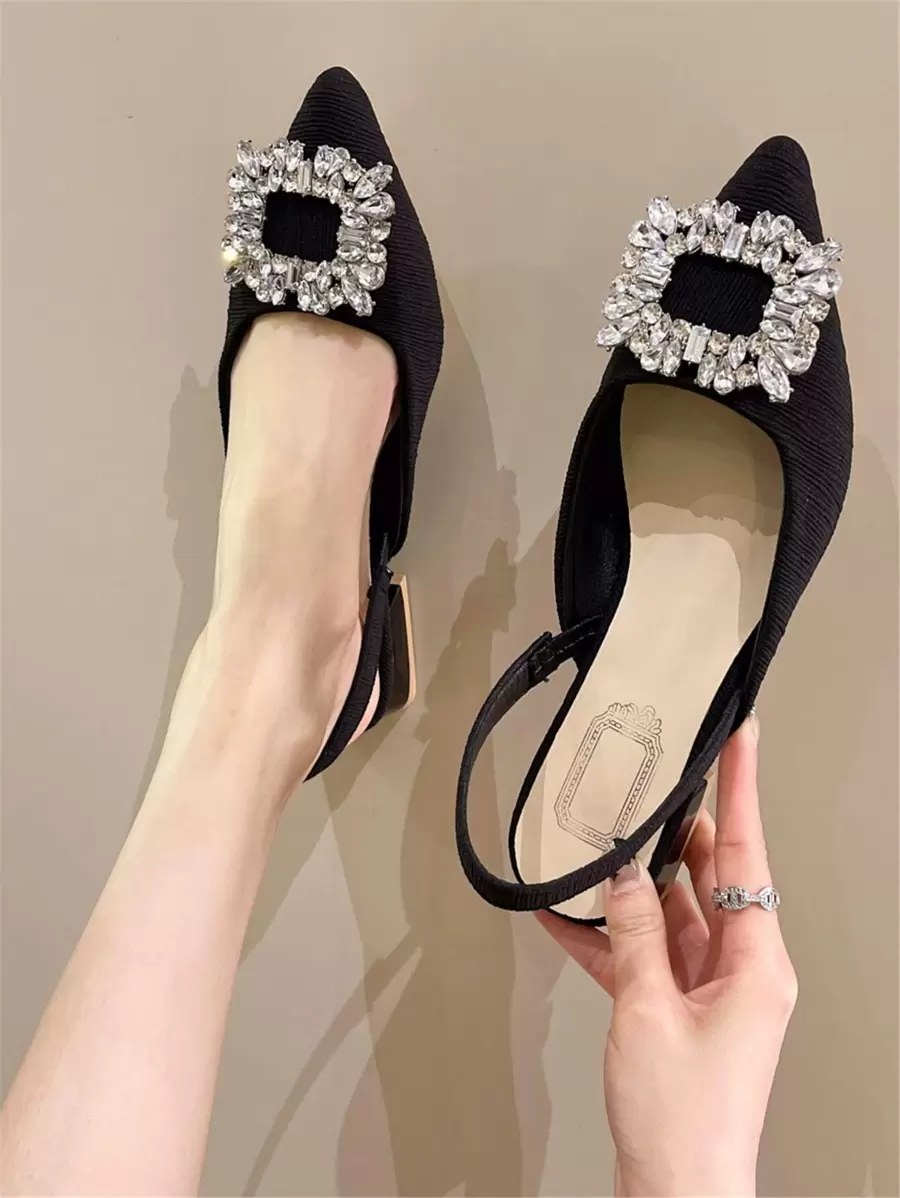 Women's 2024 Spring/Autumn New Roman Sandals, Pointed Toe Rhinestone Strap Chunky Heel Shoes, Fairy Aesthetic,Flats - Black - View 1