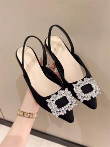 Women's 2024 Spring/Autumn New Roman Sandals, Pointed Toe Rhinestone Strap Chunky Heel Shoes, Fairy Aesthetic,Flats - Black - View 3