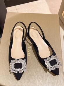 Women's 2024 Spring/Autumn New Roman Sandals, Pointed Toe Rhinestone Strap Chunky Heel Shoes, Fairy Aesthetic,Flats - Black - View 4