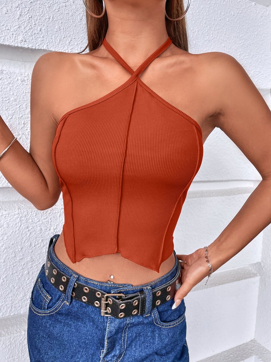Solid Rib Knit Asymmetrical Hem Crop Halter Top - Rust Brown - View 1