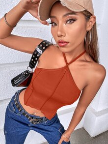 Solid Rib Knit Asymmetrical Hem Crop Halter Top - Rust Brown - View 4