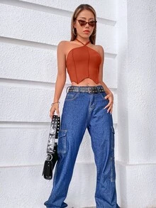 Solid Rib Knit Asymmetrical Hem Crop Halter Top - Rust Brown - View 5