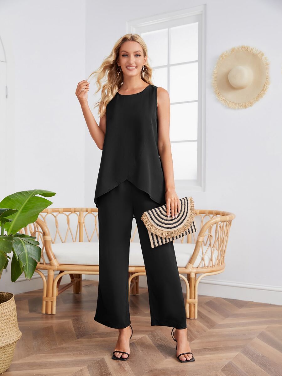 Miaspire 不對稱下擺無袖上衣和闊腿褲 - 黑色 - 查看 1