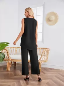 Miaspire 不對稱下擺無袖上衣和闊腿褲 - 黑色 - 查看 2