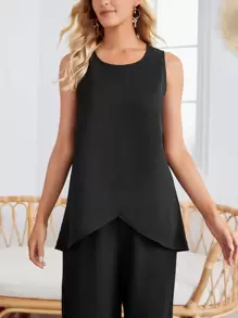 Miaspire 不對稱下擺無袖上衣和闊腿褲 - 黑色 - 查看 4