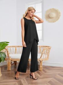 Miaspire 不對稱下擺無袖上衣和闊腿褲 - 黑色 - 查看 5