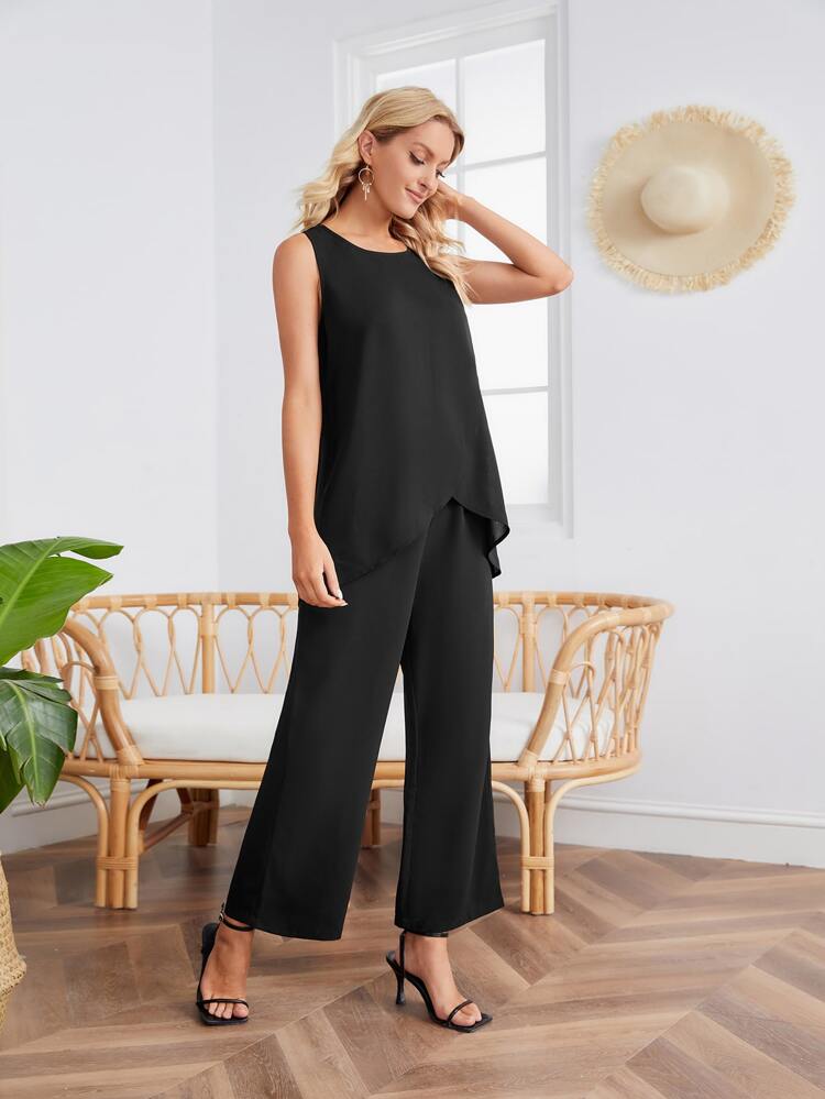 Asymmetrical Hem Sleeveless Top & Wide Leg Pants