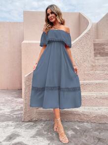 蕾絲拼接一字肩連衣裙 - 霧霾藍 - 查看 1