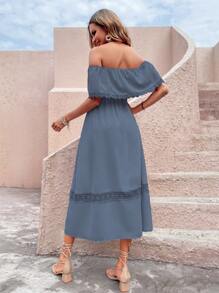 蕾絲拼接一字肩連衣裙 - 霧霾藍 - 查看 2