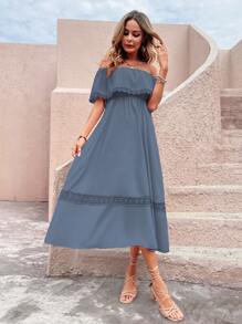 蕾絲拼接一字肩連衣裙 - 霧霾藍 - 查看 3