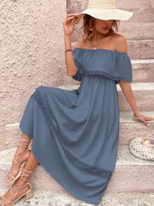 蕾絲拼接一字肩連衣裙 - 霧霾藍 - 查看 5