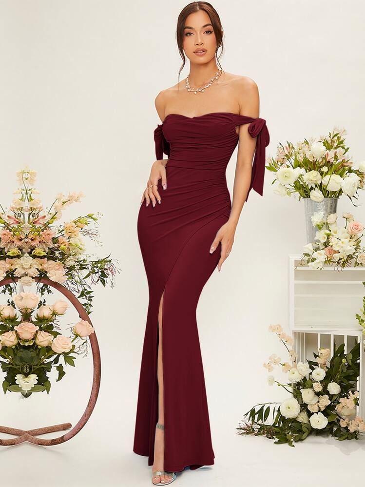 SHEIN Belle Off Shoulder Knot Side Ruched Wrap Hem Bridesmaid Dress Elegant Formal Evening Prom Wedding Guest Gown, For Graduation, Dinner Party Dress - Maroon - View 1