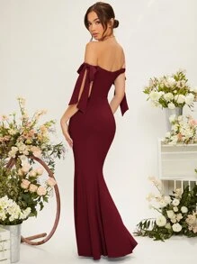 SHEIN Belle 一字肩側打結褶邊圍裹下擺伴娘連衣裙 - 紫紅色 - 查看 2