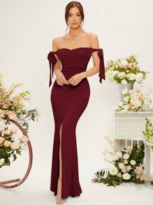 SHEIN Belle 一字肩側打結褶邊圍裹下擺伴娘連衣裙 - 紫紅色 - 查看 3