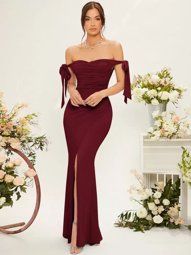 SHEIN Belle Off Shoulder Knot Side Ruched Wrap Hem Bridesmaid Dress Elegant Formal Evening Prom Wedding Guest Gown, For Graduation, Dinner Party Dress - Maroon - View 3