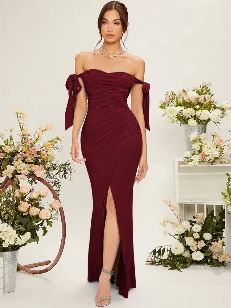 SHEIN Belle Off Shoulder Knot Side Ruched Wrap Hem Bridesmaid Dress Elegant Formal Evening Prom Wedding Guest Gown, For Graduation, Dinner Party Dress - Maroon - View 4