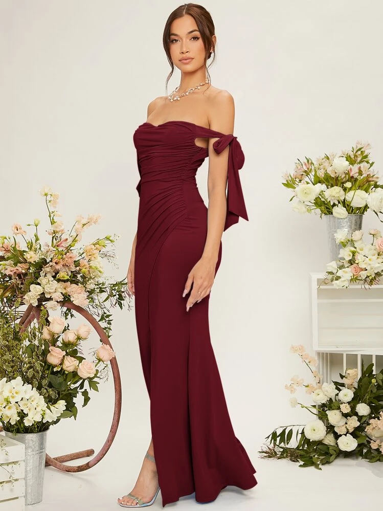 SHEIN Belle Off Shoulder Knot Side Ruched Wrap Hem Bridesmaid Dress Elegant Formal Evening Prom Wedding Guest Gown, For Graduation, Dinner Party Dress - Maroon - View 5