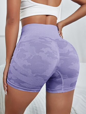 Seamless Camo Print Wide Waistband Sports Shorts